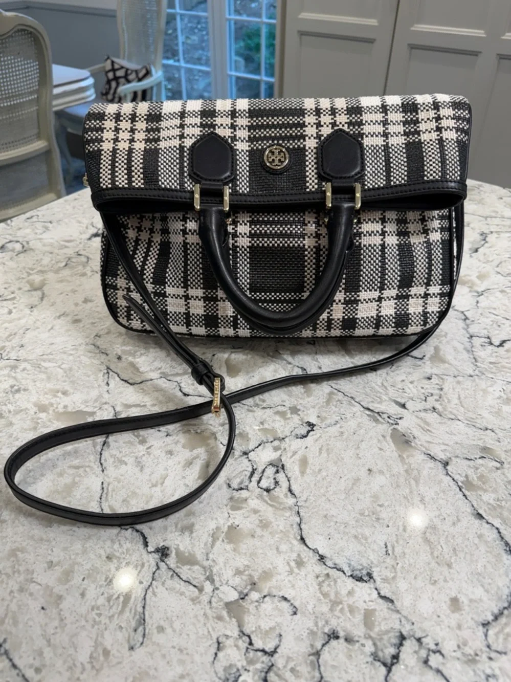 Tory Burch Woven Robinson Foldover Messenger in Black and White Plaid